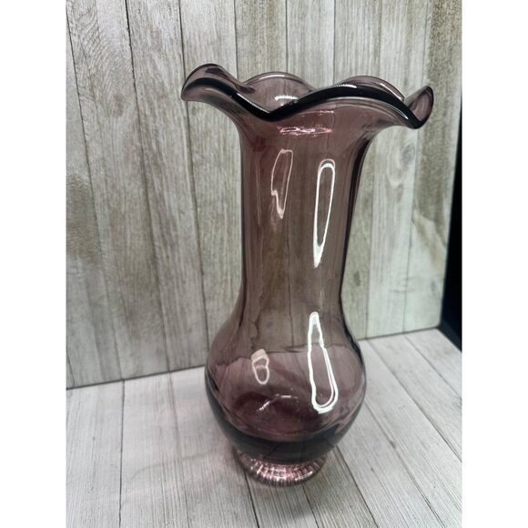 Vintage Amethyst Purple Blown Art Glass Long Neck Vase Ruffled Edge 11" Tall - Picture 3 of 9